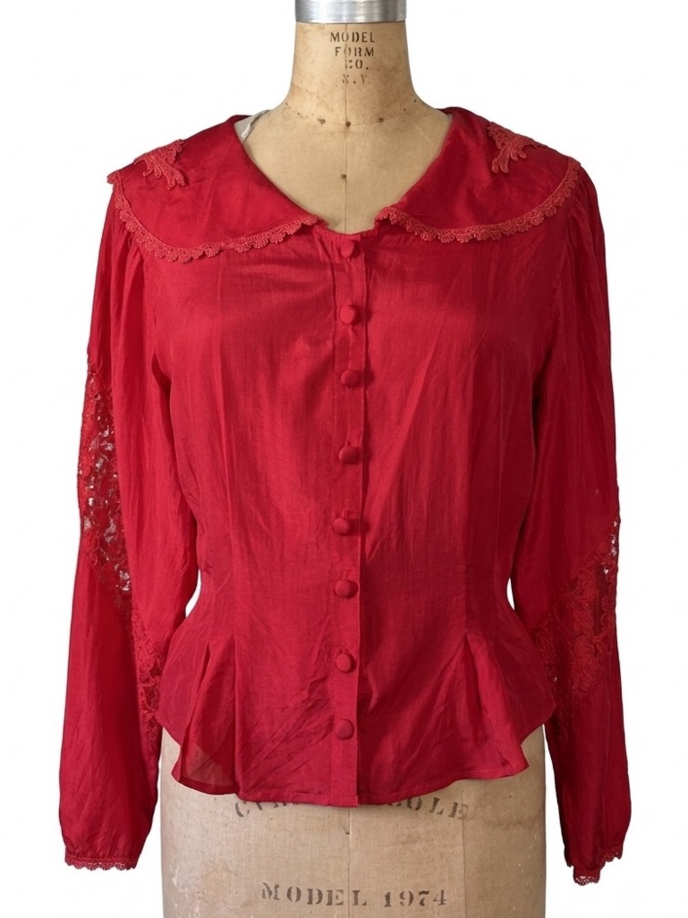 Vintage 90s Spell Lady Red Silk Embroidered Lace Blouse Sz L Victorian Vampire